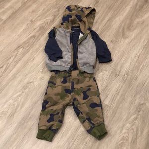 Camo dinosaur vest, pants, and onesie baby boy